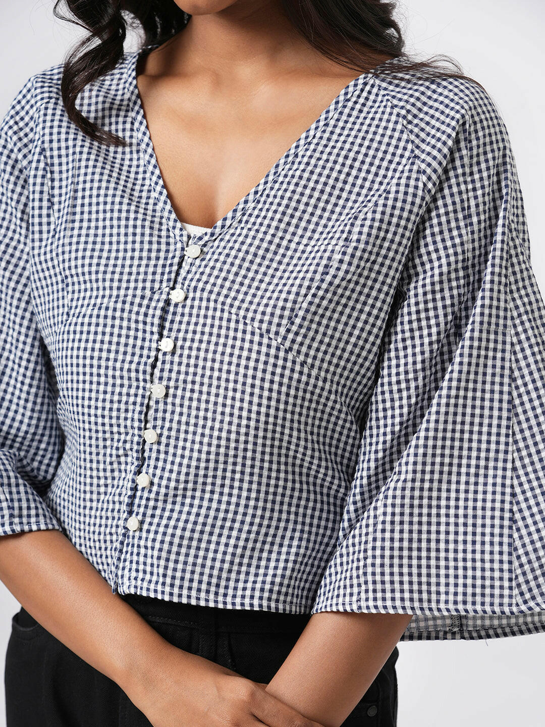 Bell Sleeve Gingham Top.
